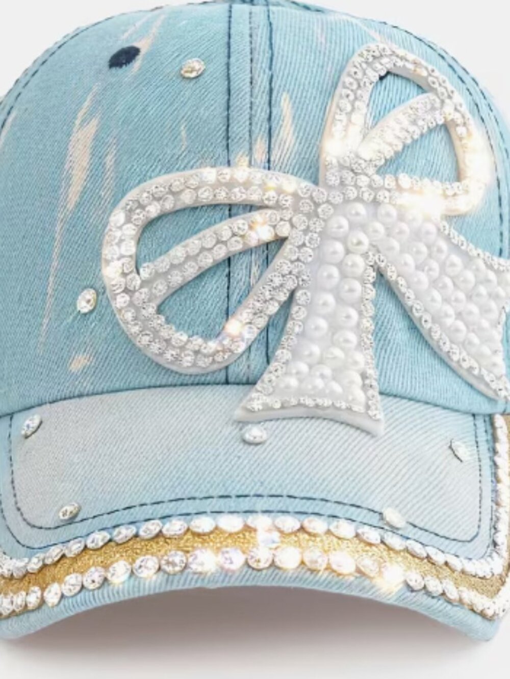NWT Distressed Rhinestone Jeweled Denim Cap - Picture 2 of 2
